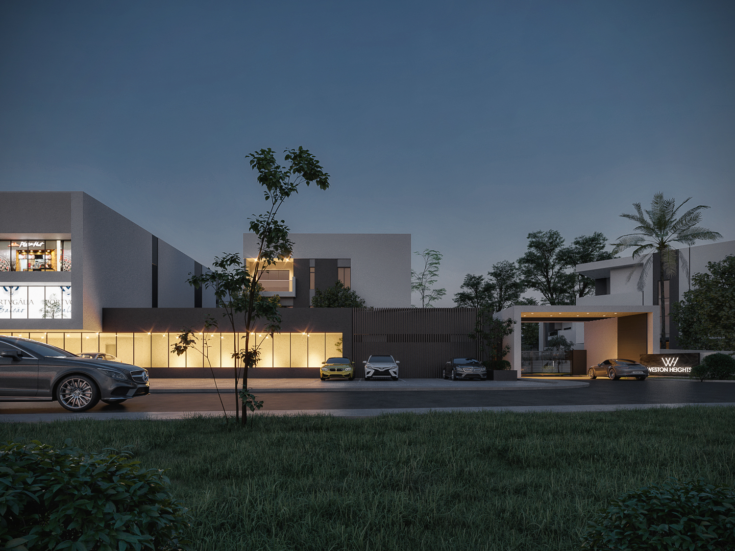 Weston Heights at dusk — retail frontage and gated residential entrance designed by PRARCTIS Studio